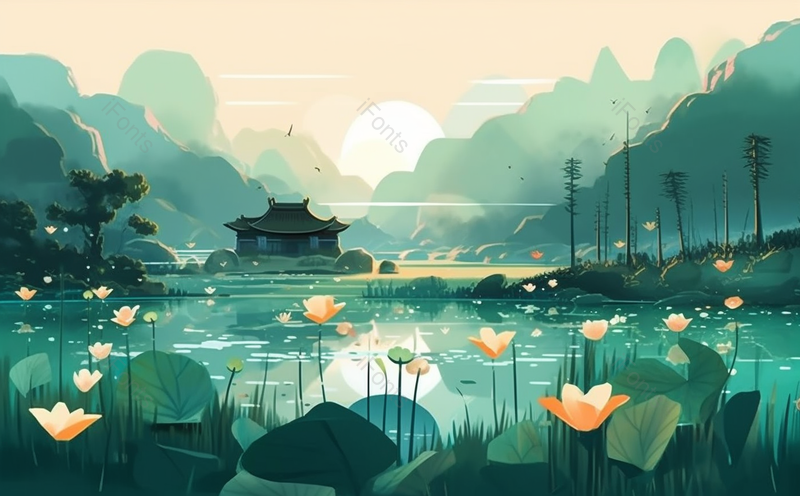 夏天荷花盛开植物国风宁静手绘自然背景,插画/手绘图,插画/手绘图库,插画/手绘图下载,插画/手绘